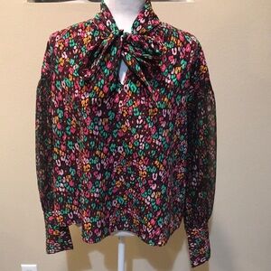 WHO WHAT WEAR Floral Long Sleeve Bow Tie Puffed Sleeve Blouse-Sz XL